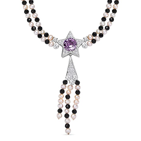 GP Celestial Collection - Starry Night Rose De France Amethyst, Pearl, Black Spinel & Zircon Star Necklace Lobaster Clasp (Size 20) in Rhodium Overlay Sterling Silver 93.13 Ct.