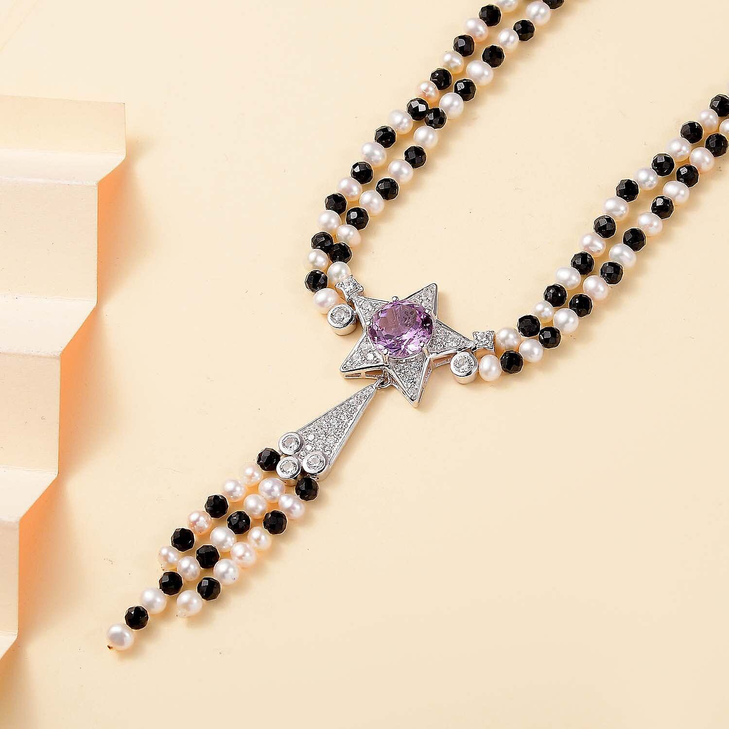 GP Celestial Collection - Starry Night Rose De France Amethyst, Pearl, Black Spinel & Zircon Star Necklace Lobaster Clasp (Size 20) in Rhodium Overlay Sterling Silver 93.13 Ct.