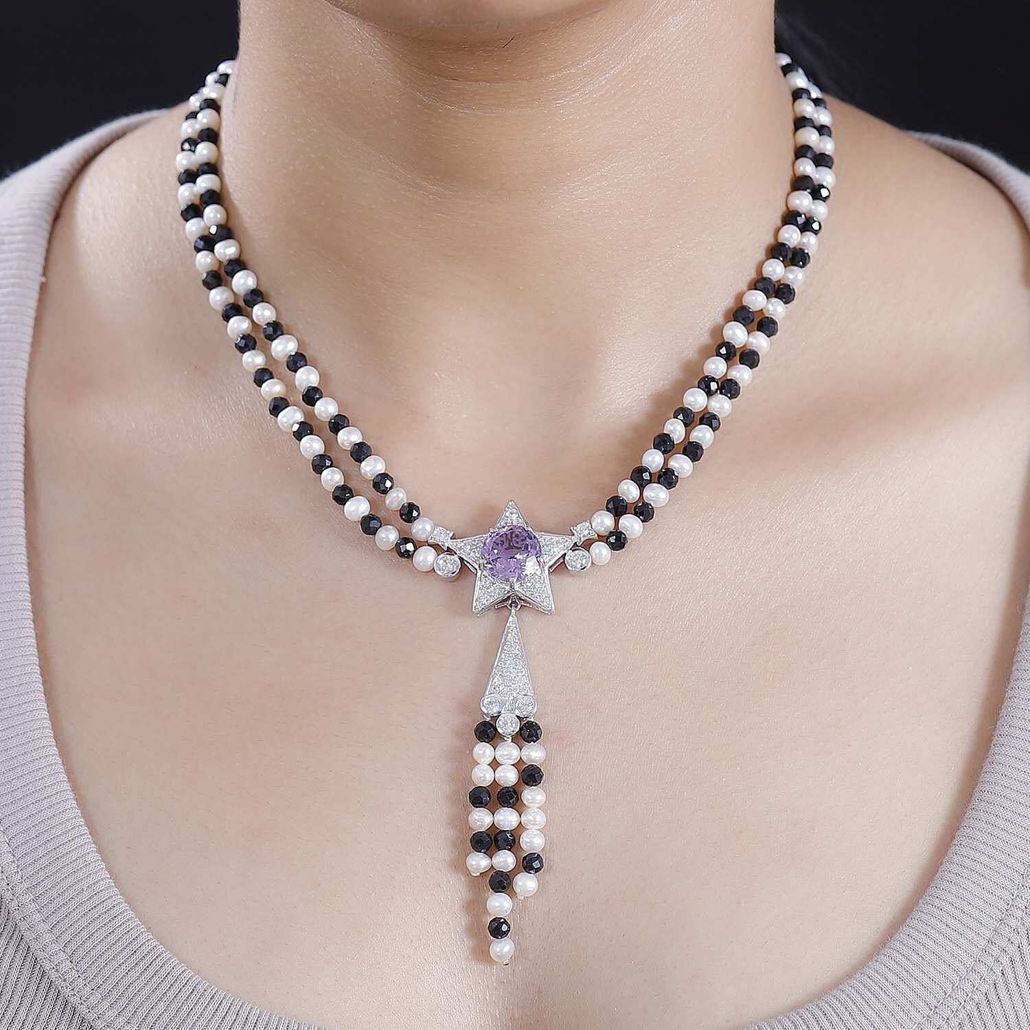 GP Celestial Collection - Starry Night Rose De France Amethyst, Pearl, Black Spinel & Zircon Star Necklace Lobaster Clasp (Size 20) in Rhodium Overlay Sterling Silver 93.13 Ct.
