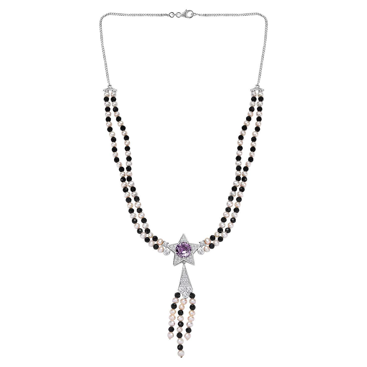 GP Celestial Collection - Starry Night Rose De France Amethyst, Pearl, Black Spinel & Zircon Star Necklace Lobaster Clasp (Size 20) in Rhodium Overlay Sterling Silver 93.13 Ct.