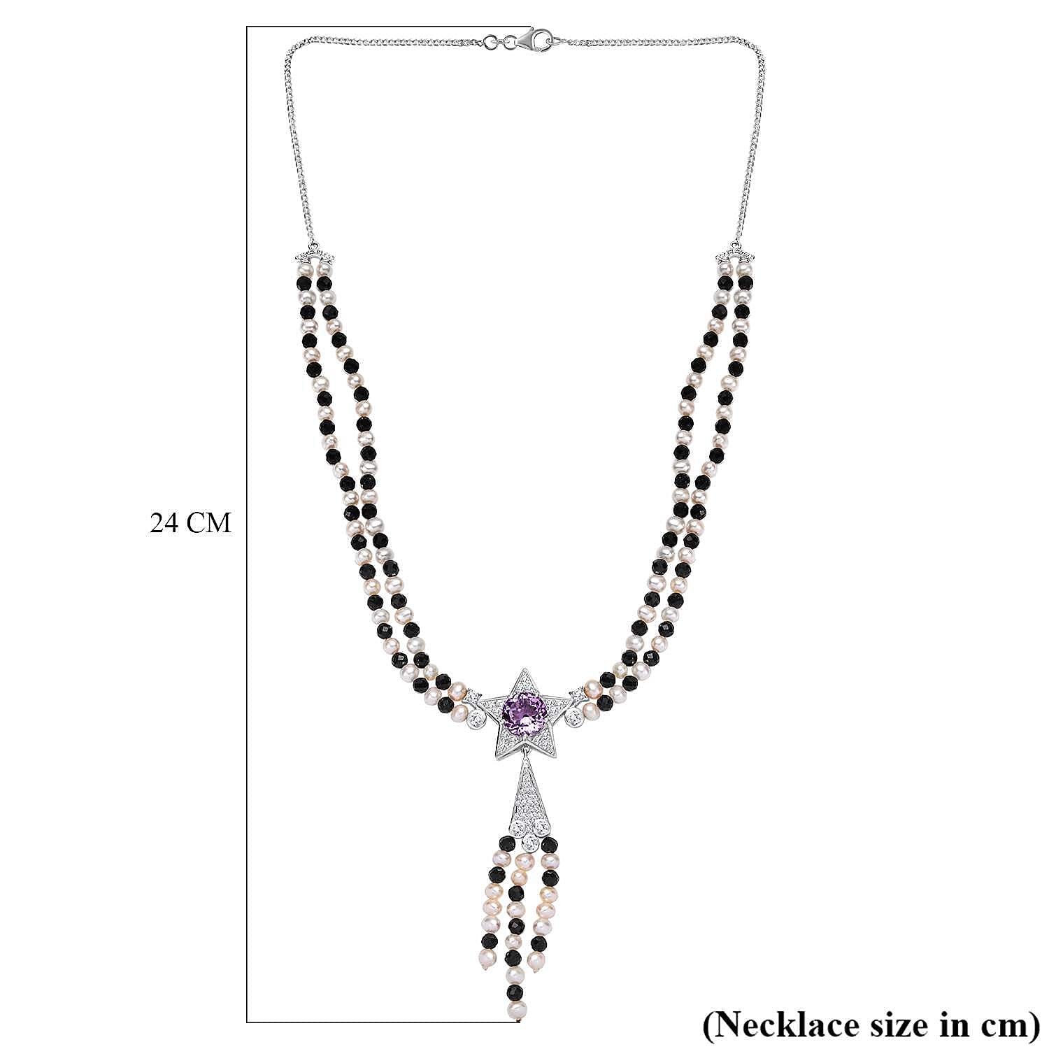 GP Celestial Collection - Starry Night Rose De France Amethyst, Pearl, Black Spinel & Zircon Star Necklace Lobaster Clasp (Size 20) in Rhodium Overlay Sterling Silver 93.13 Ct.