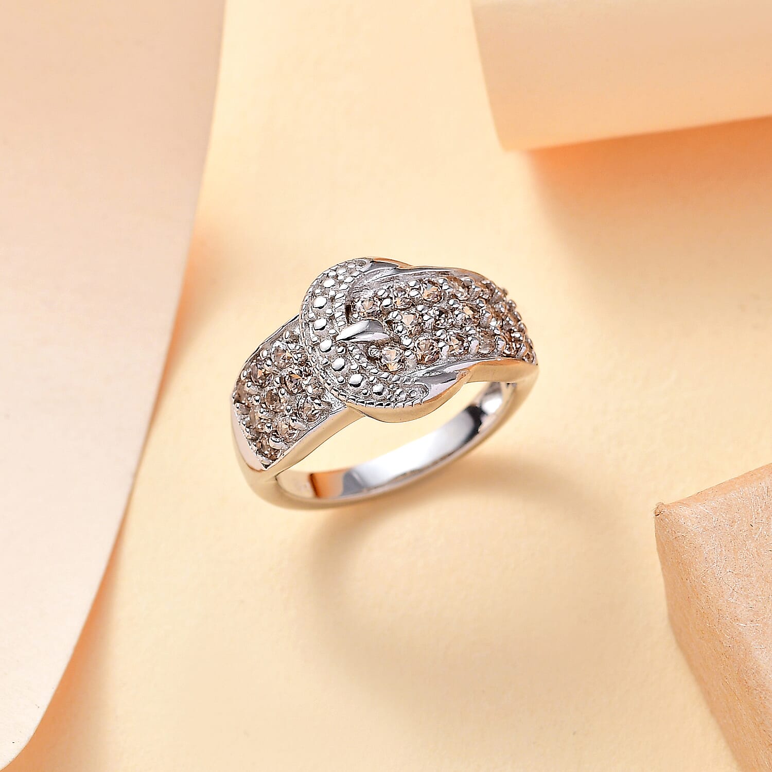 Designer Inspired - Natural Champagne Zircon Buckle Design Ring