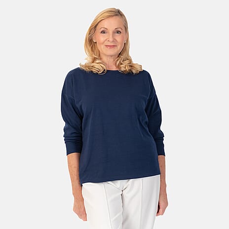 Plain Knitted Boat Neck Top (Size 16) - Navy