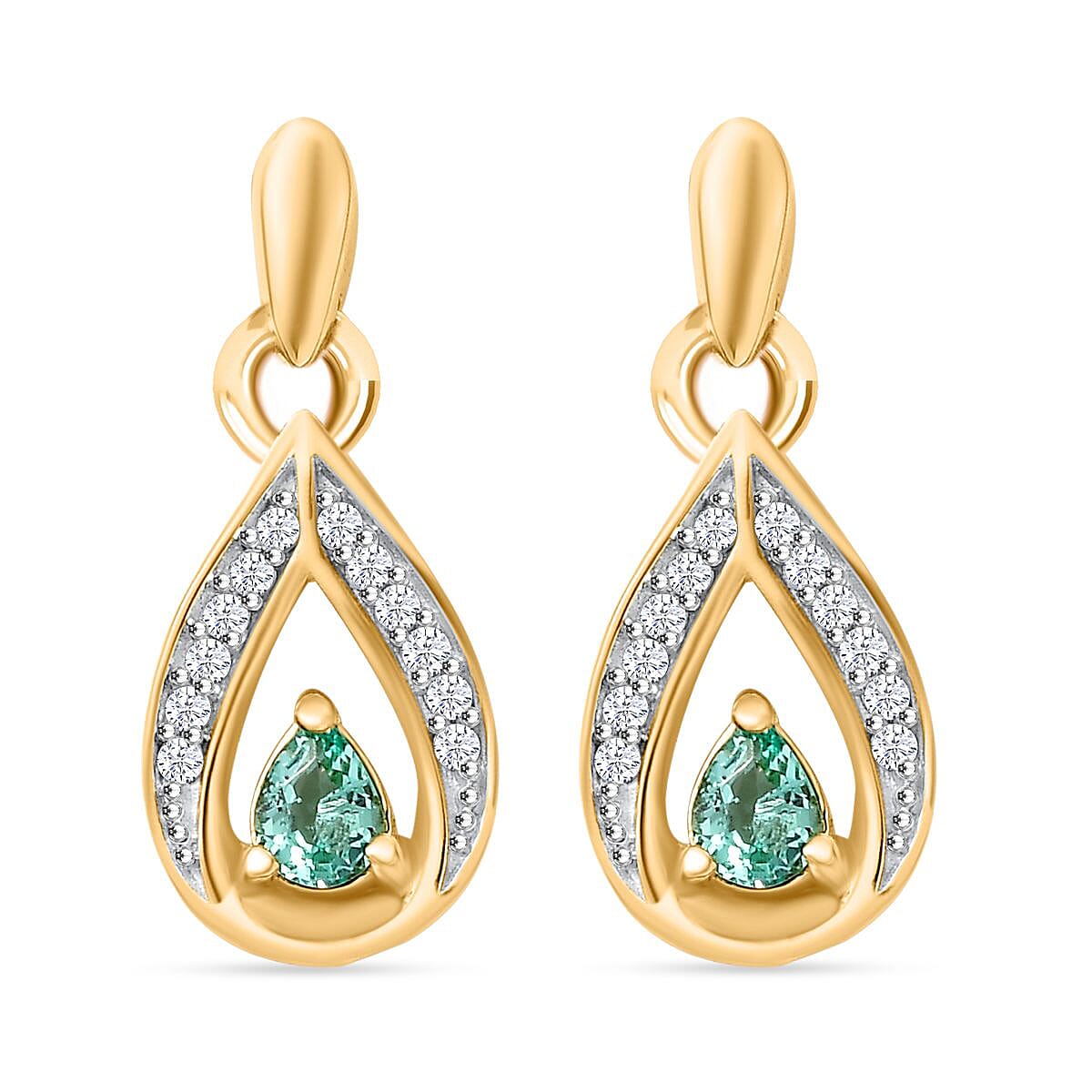 Colombian Emerald ,  White Zircon  Solitaire Stud Push Post Earring in 18K YG Vermeil Sterling Silver 0.54 ct