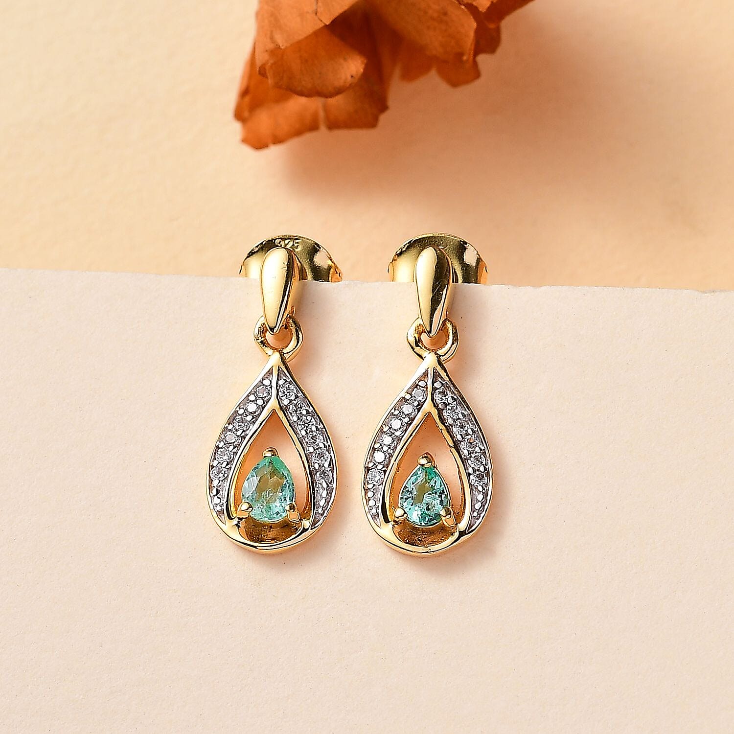 Colombian Emerald ,  White Zircon  Solitaire Stud Push Post Earring in 18K YG Vermeil Sterling Silver 0.54 ct