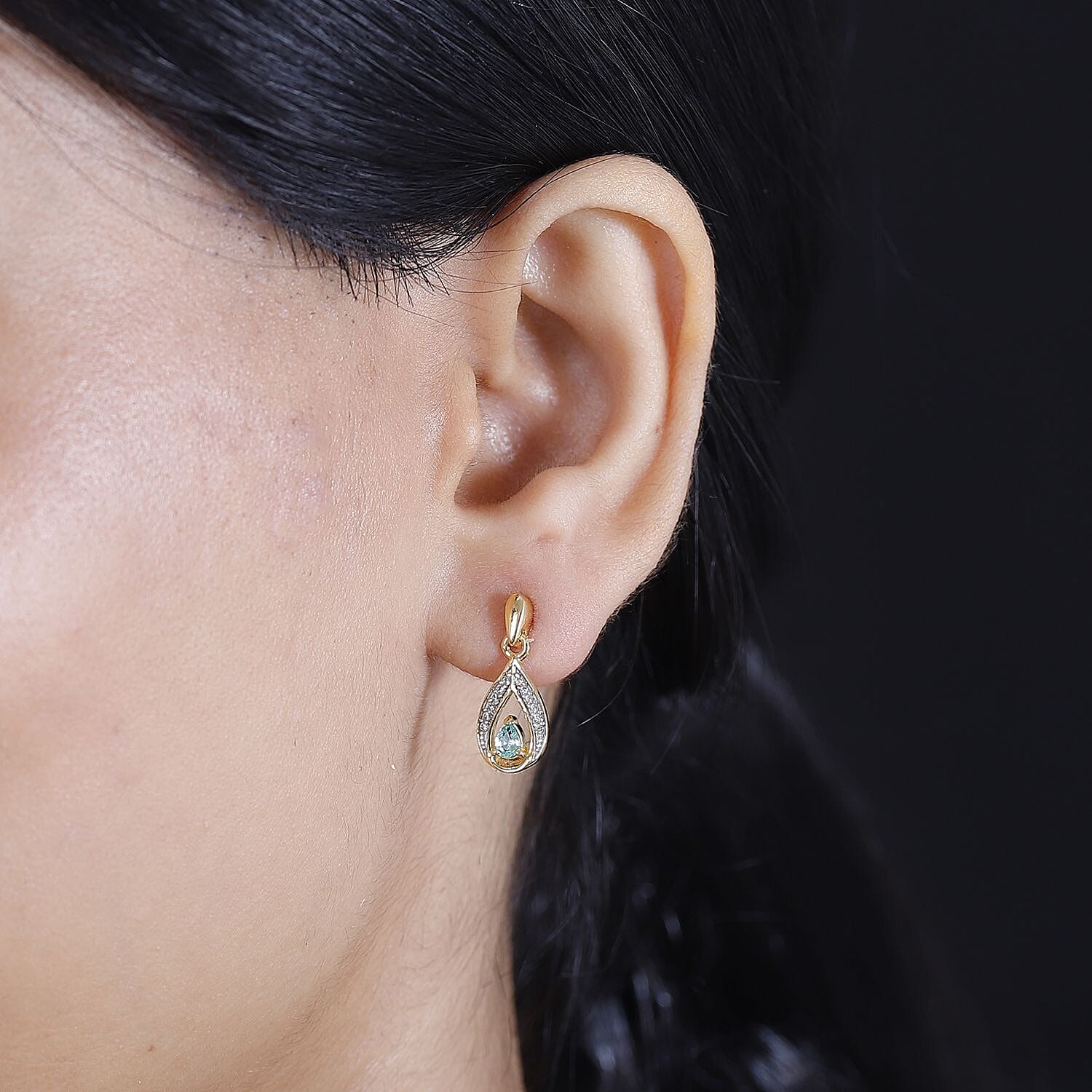 Colombian Emerald ,  White Zircon  Solitaire Stud Push Post Earring in 18K YG Vermeil Sterling Silver 0.54 ct