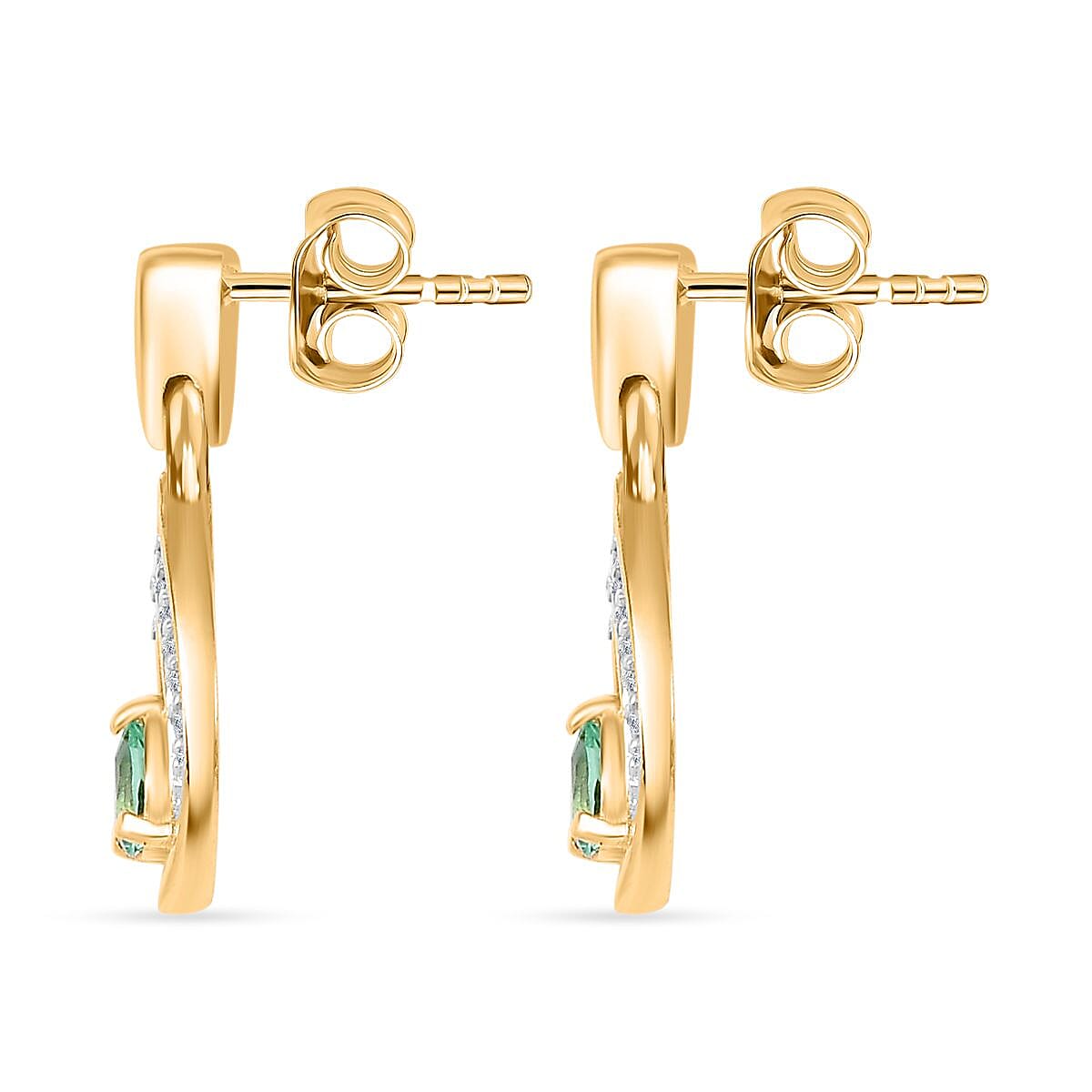 Colombian Emerald ,  White Zircon  Solitaire Stud Push Post Earring in 18K YG Vermeil Sterling Silver 0.54 ct