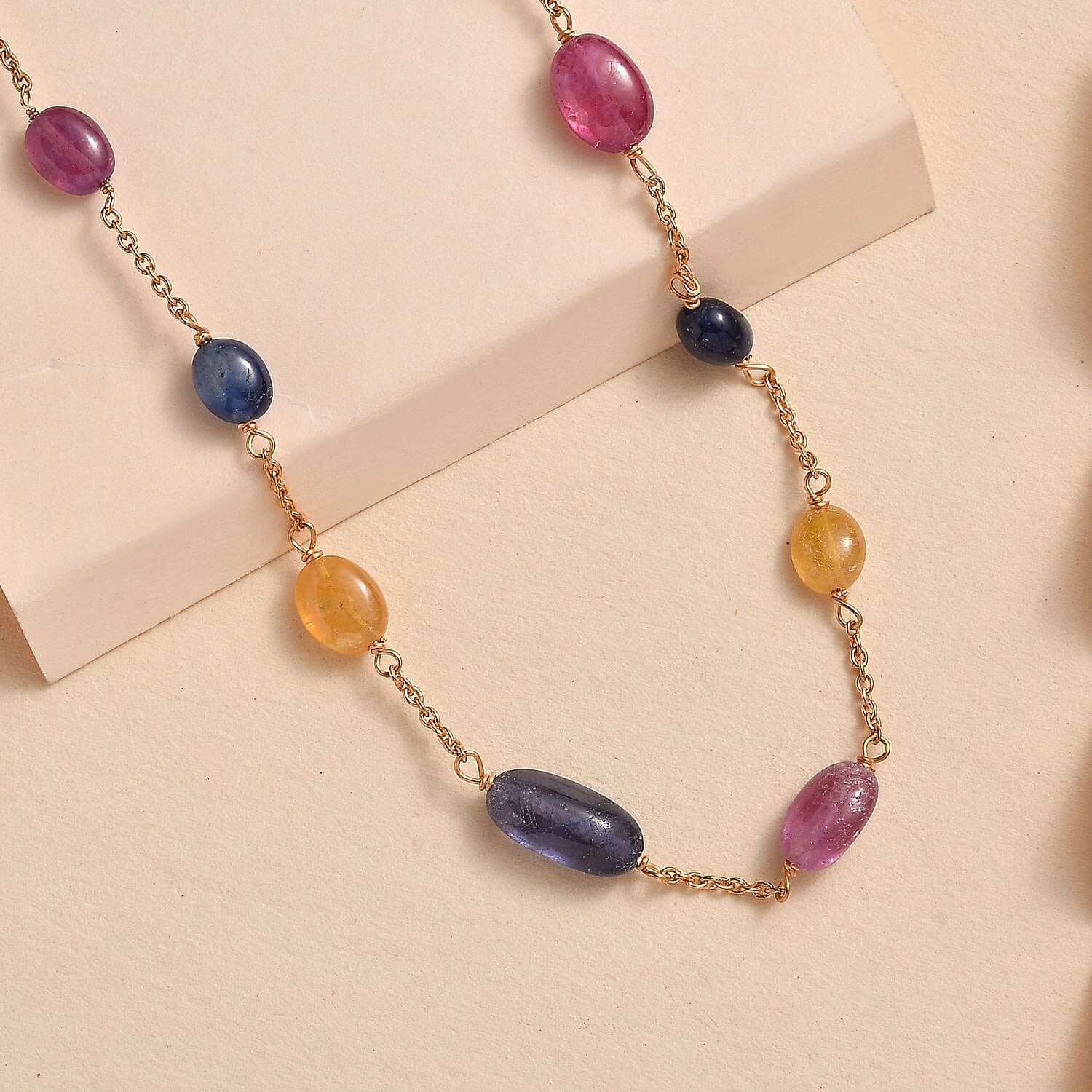 Multi Sapphire Station Necklace in Gold Overlay Sterling Silver (Size - 20)  45.00 Ct.