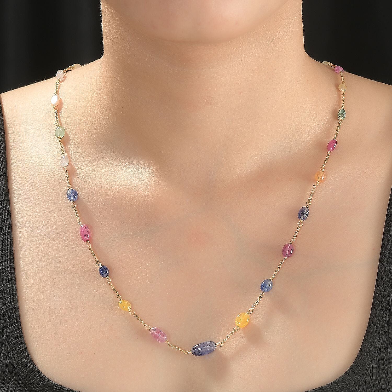 Multi Sapphire Station Necklace in Gold Overlay Sterling Silver (Size - 20)  45.00 Ct.