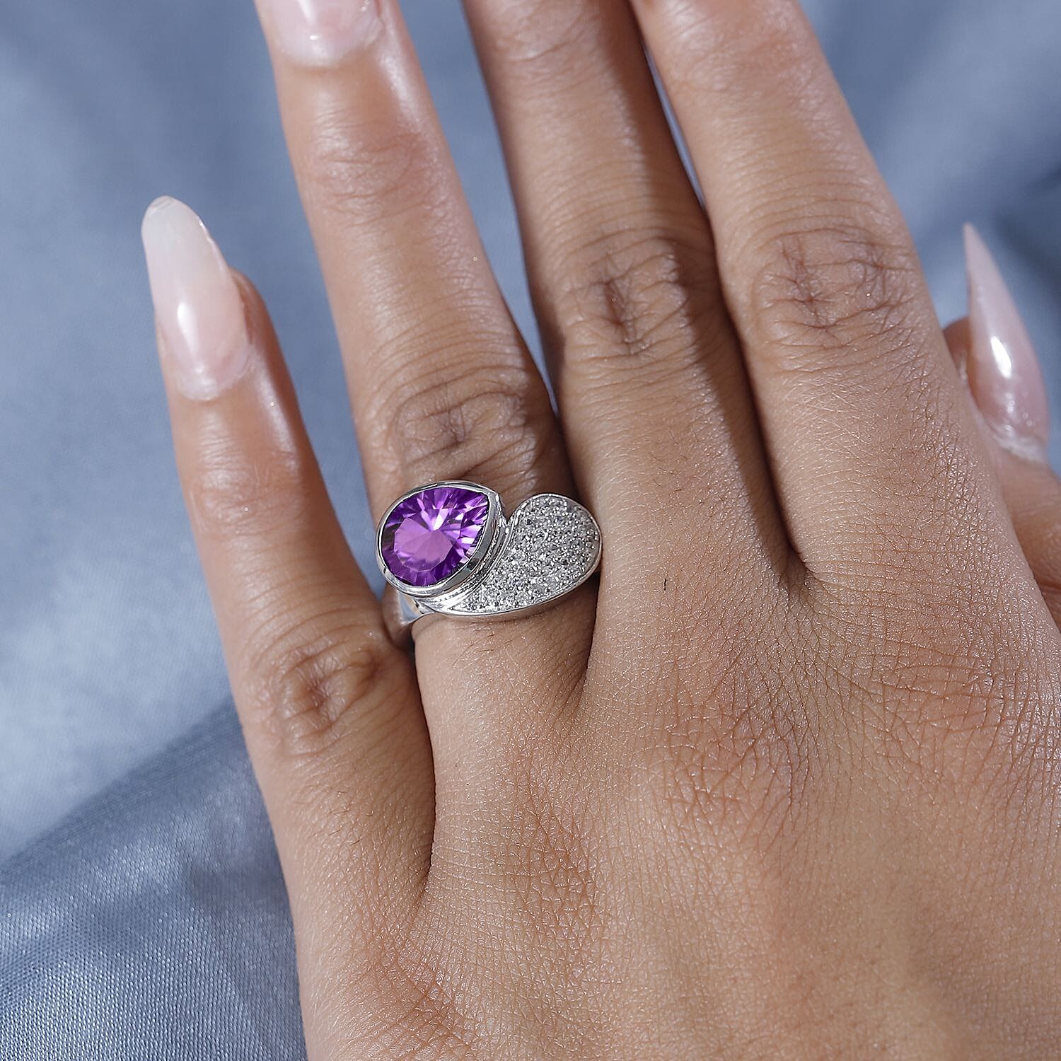 Concave Cut Zambian Amethyst & White Zircon Ring in Rhodium Overlay Sterling Silver 3.56 ct.