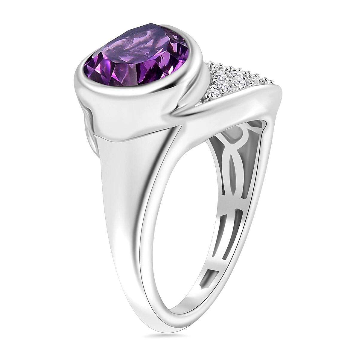 Concave Cut Zambian Amethyst & White Zircon Ring in Rhodium Overlay Sterling Silver 3.56 ct.