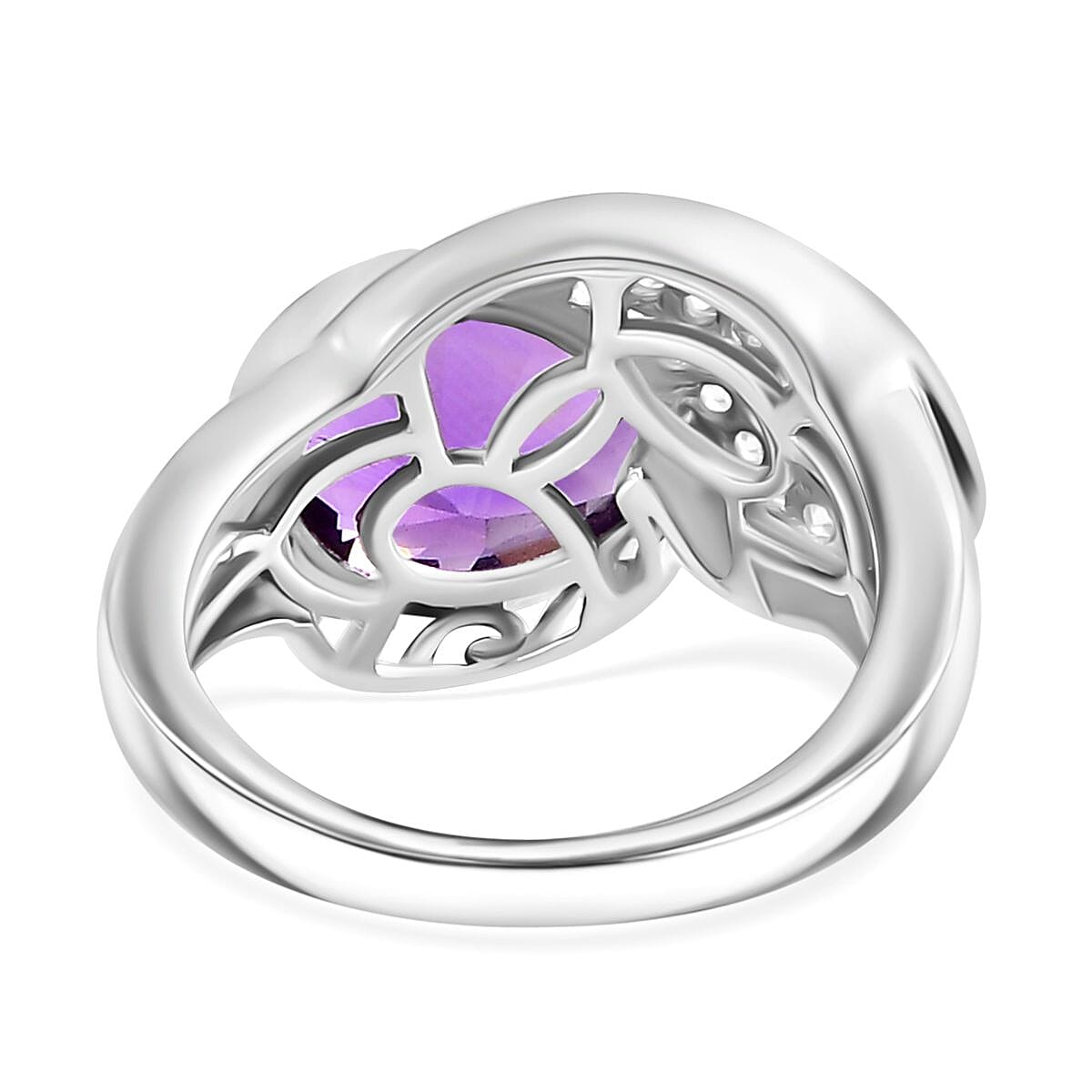 Concave Cut Zambian Amethyst & White Zircon Ring in Rhodium Overlay Sterling Silver 3.56 ct.