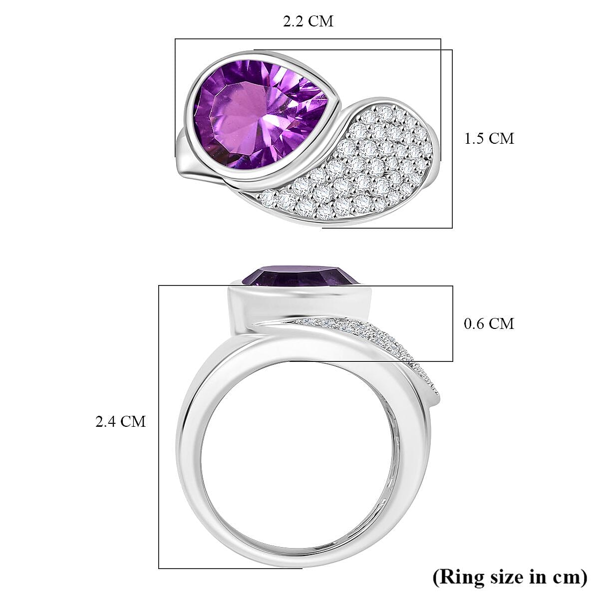 Concave Cut Zambian Amethyst & White Zircon Ring in Rhodium Overlay Sterling Silver 3.56 ct.