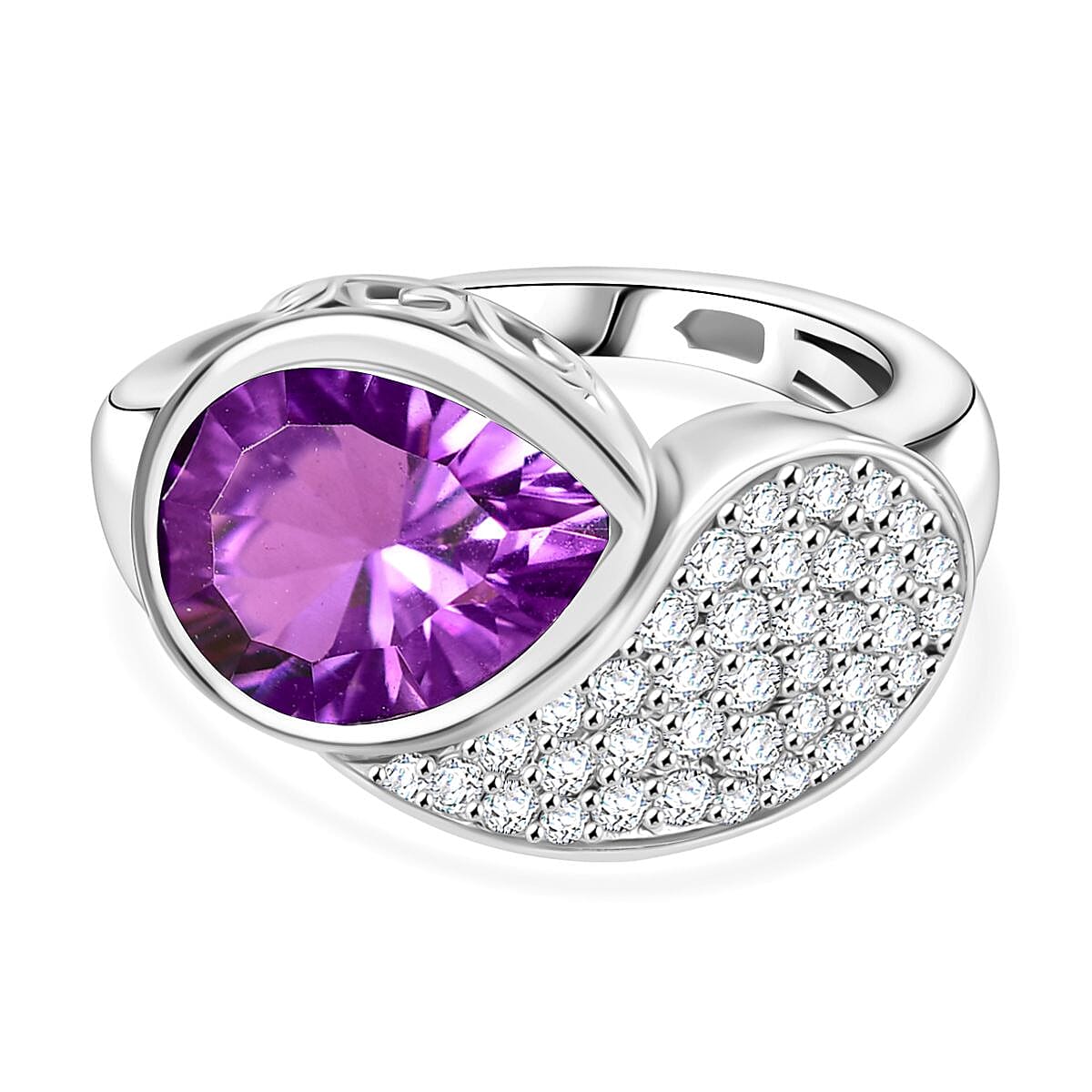 Concave Cut Zambian Amethyst & White Zircon Ring in Rhodium Overlay Sterling Silver 3.56 ct.