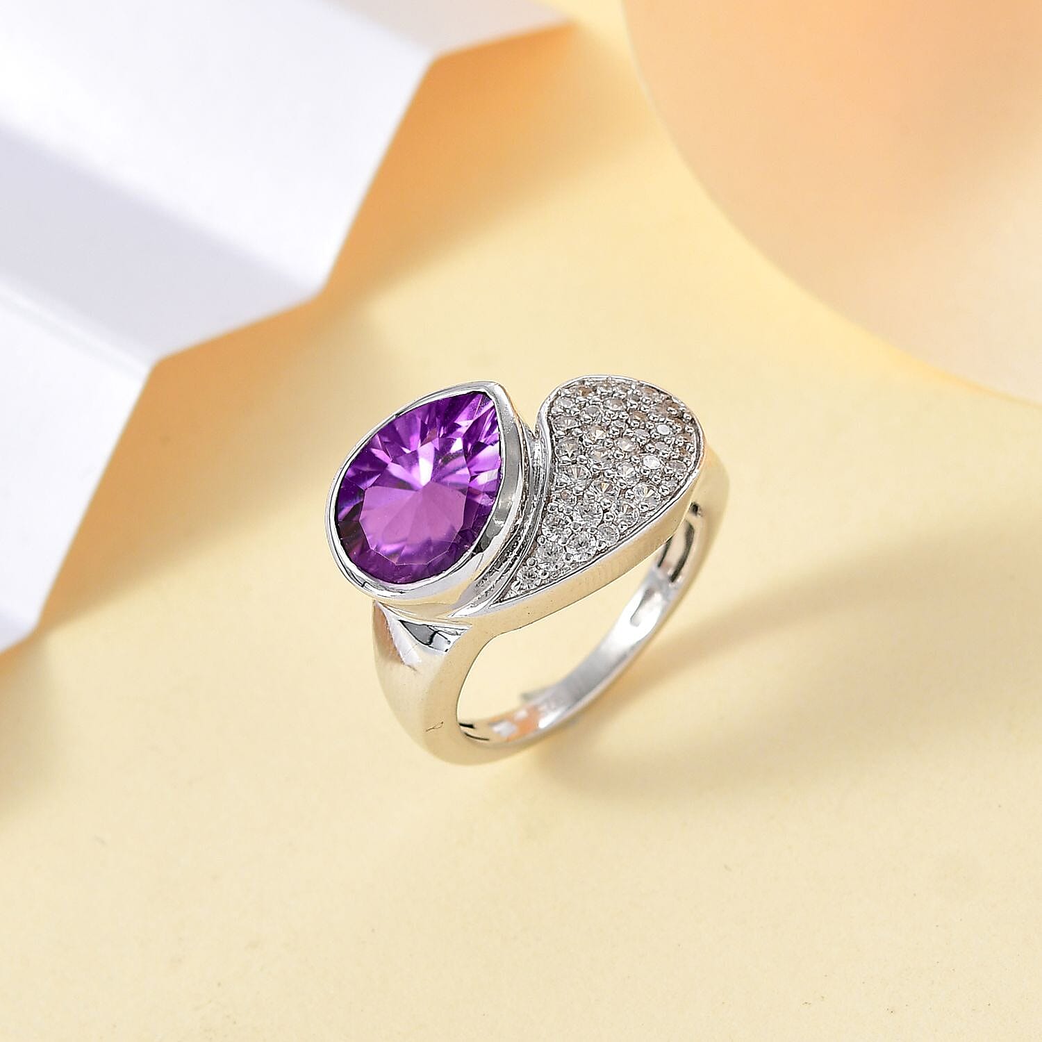 Concave Cut Zambian Amethyst & White Zircon Ring in Rhodium Overlay Sterling Silver 3.56 ct.