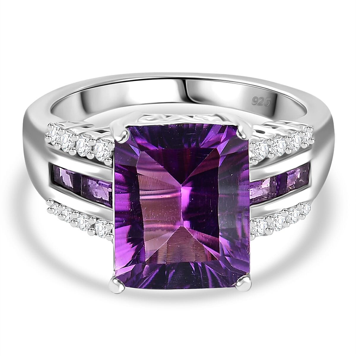 Concave Cut  Zambian Amethyst & White Zircon Ring in Rhodium Overlay Sterling Silver 5.22 ct.