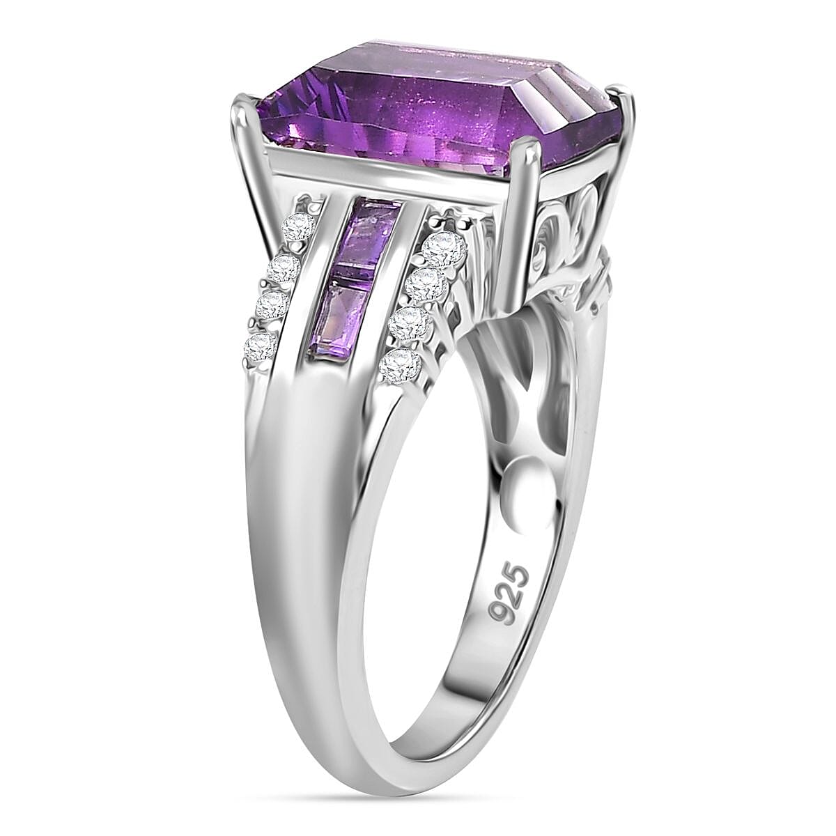 Concave Cut  Zambian Amethyst & White Zircon Ring in Rhodium Overlay Sterling Silver 5.22 ct.