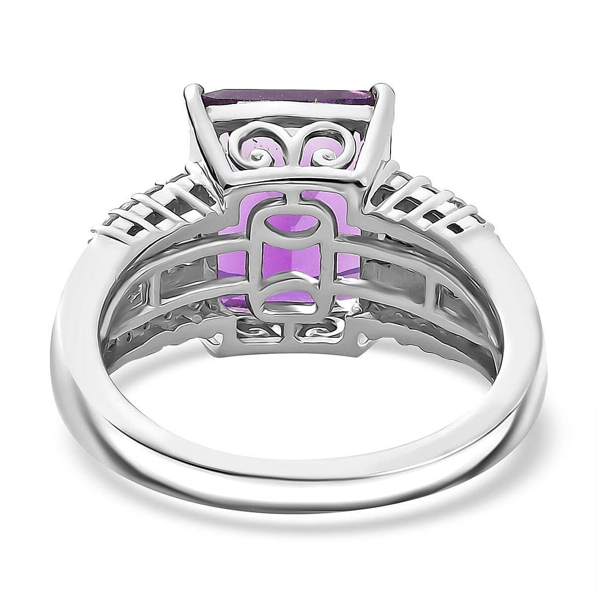 Concave Cut  Zambian Amethyst & White Zircon Ring in Rhodium Overlay Sterling Silver 5.22 ct.