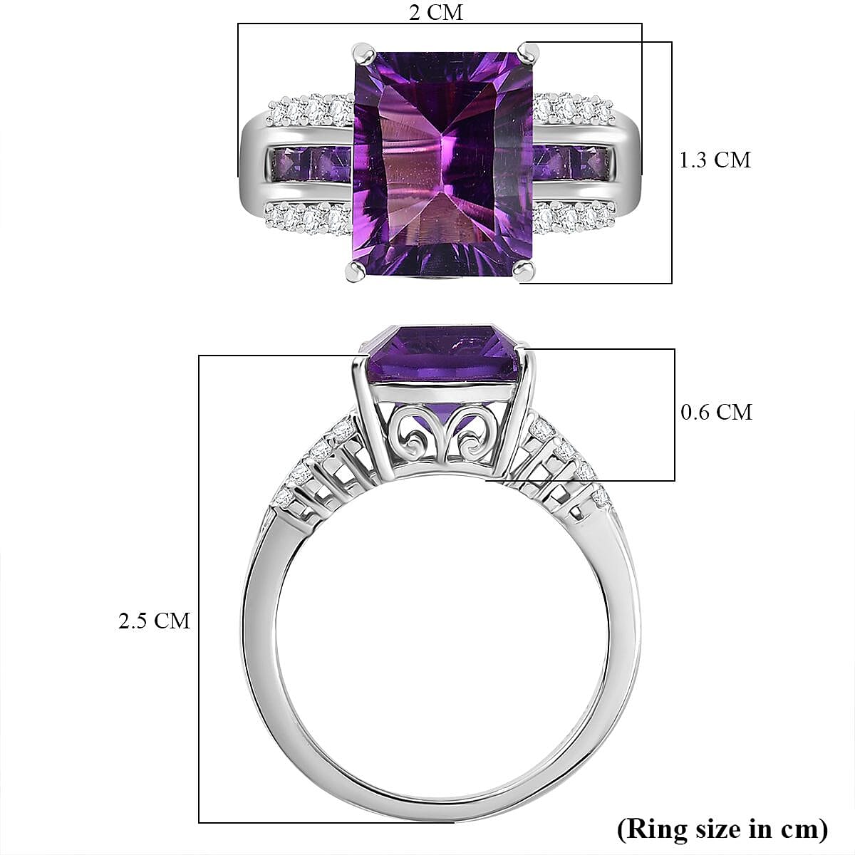 Concave Cut  Zambian Amethyst & White Zircon Ring in Rhodium Overlay Sterling Silver 5.22 ct.