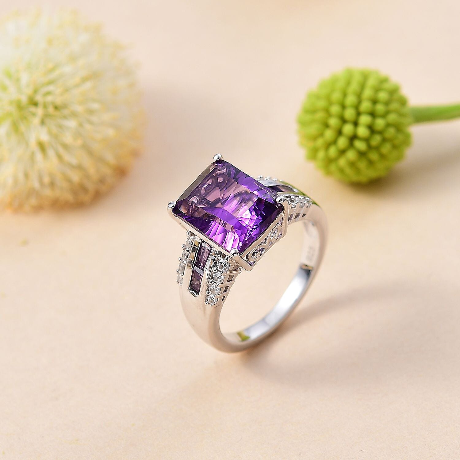 Concave Cut  Zambian Amethyst & White Zircon Ring in Rhodium Overlay Sterling Silver 5.22 ct.