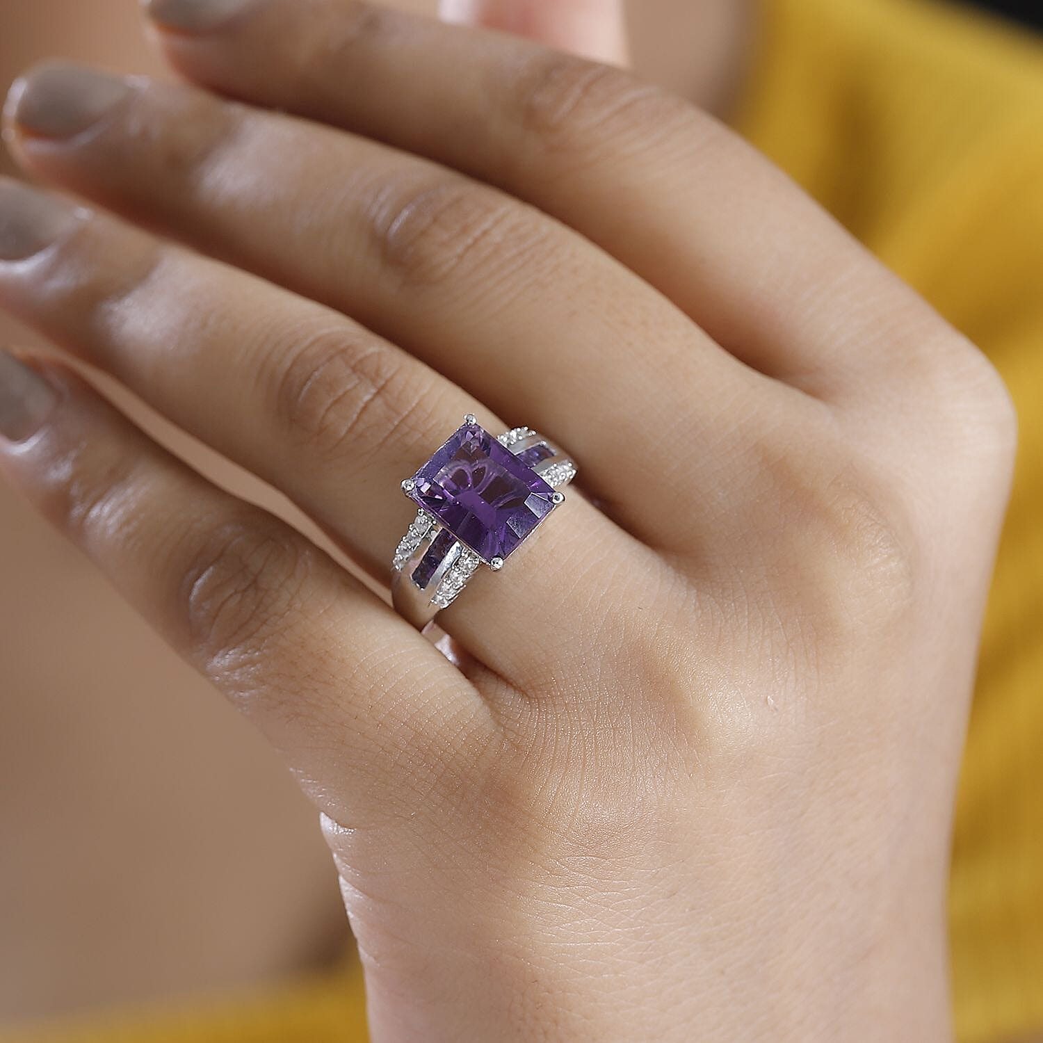 Concave Cut  Zambian Amethyst & White Zircon Ring in Rhodium Overlay Sterling Silver 5.22 ct.