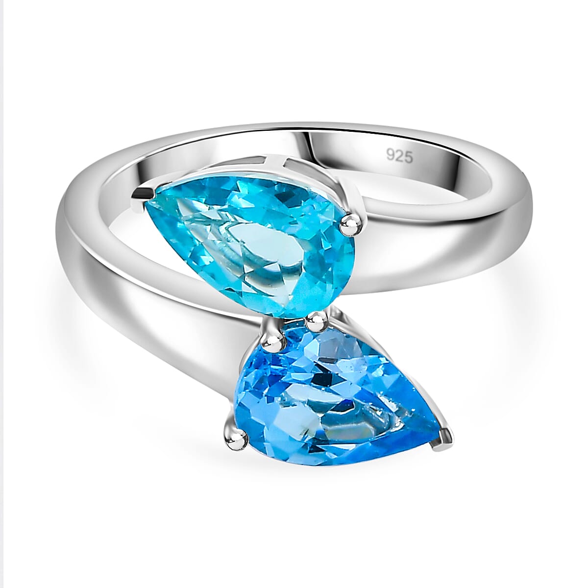 Gem Fiesta - Electric BlueTopaz Bypass Ring in Rhodium Overlay Sterling Silver 2.958 Ct.