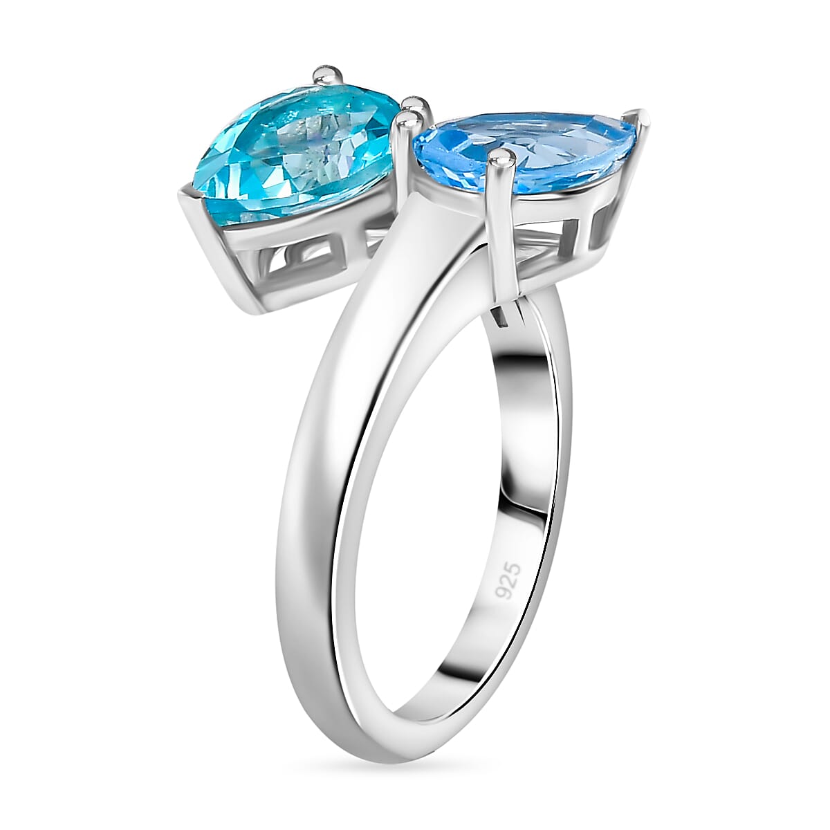 Gem Fiesta - Electric BlueTopaz Bypass Ring in Rhodium Overlay Sterling Silver 2.958 Ct.