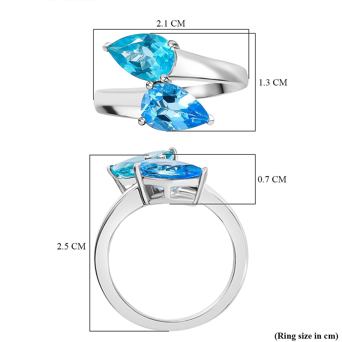 Gem Fiesta - Electric BlueTopaz Bypass Ring in Rhodium Overlay Sterling Silver 2.958 Ct.