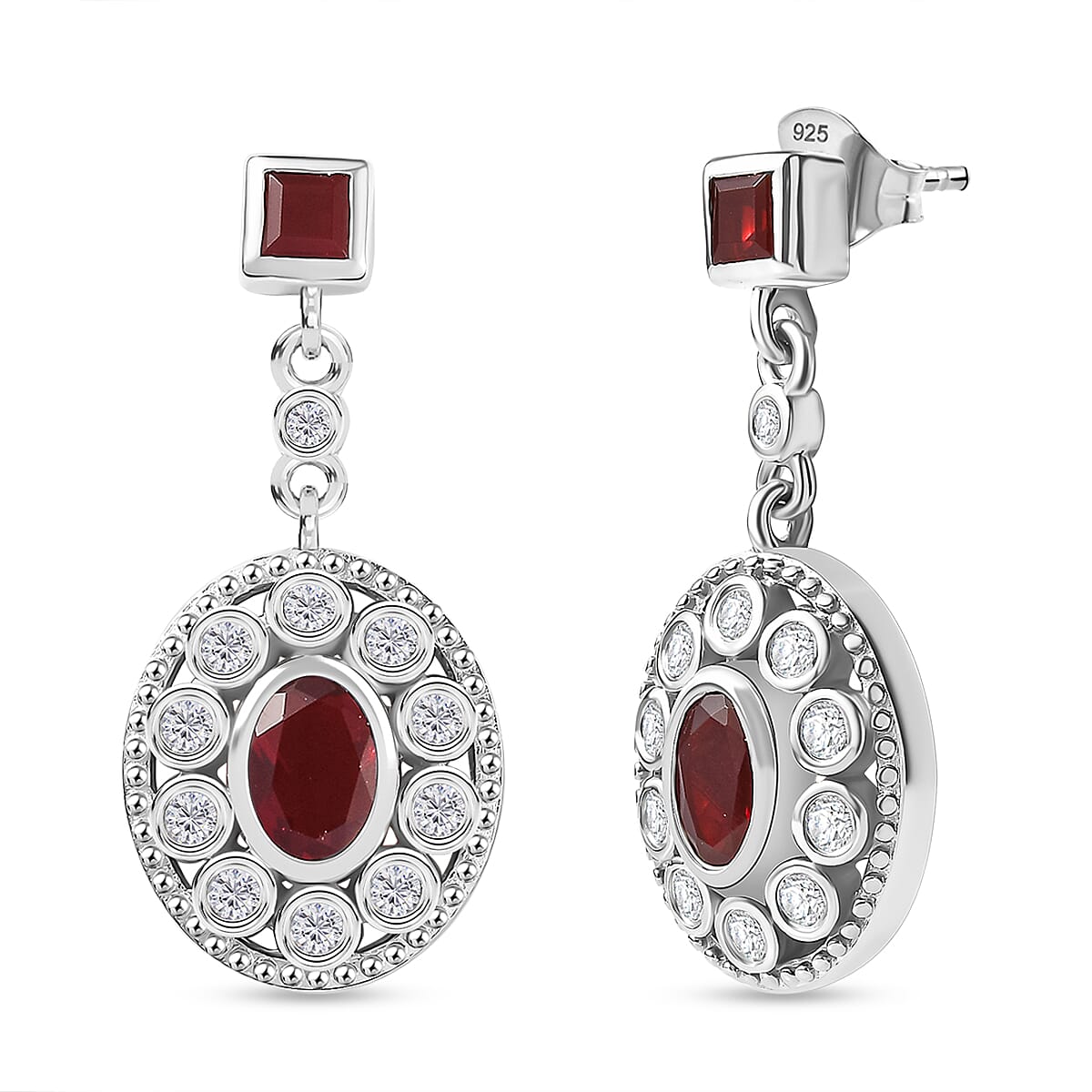 Cherry Fire Opal & White Zircon Solitaire Stud Push Post Earring in Rhodium Overlay Sterling Silver 1.22 Ct.