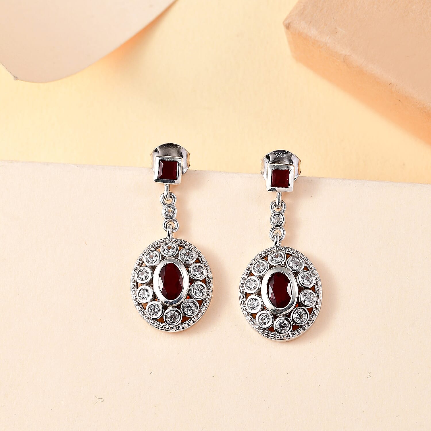 Cherry Fire Opal & White Zircon Solitaire Stud Push Post Earring in Rhodium Overlay Sterling Silver 1.22 Ct.