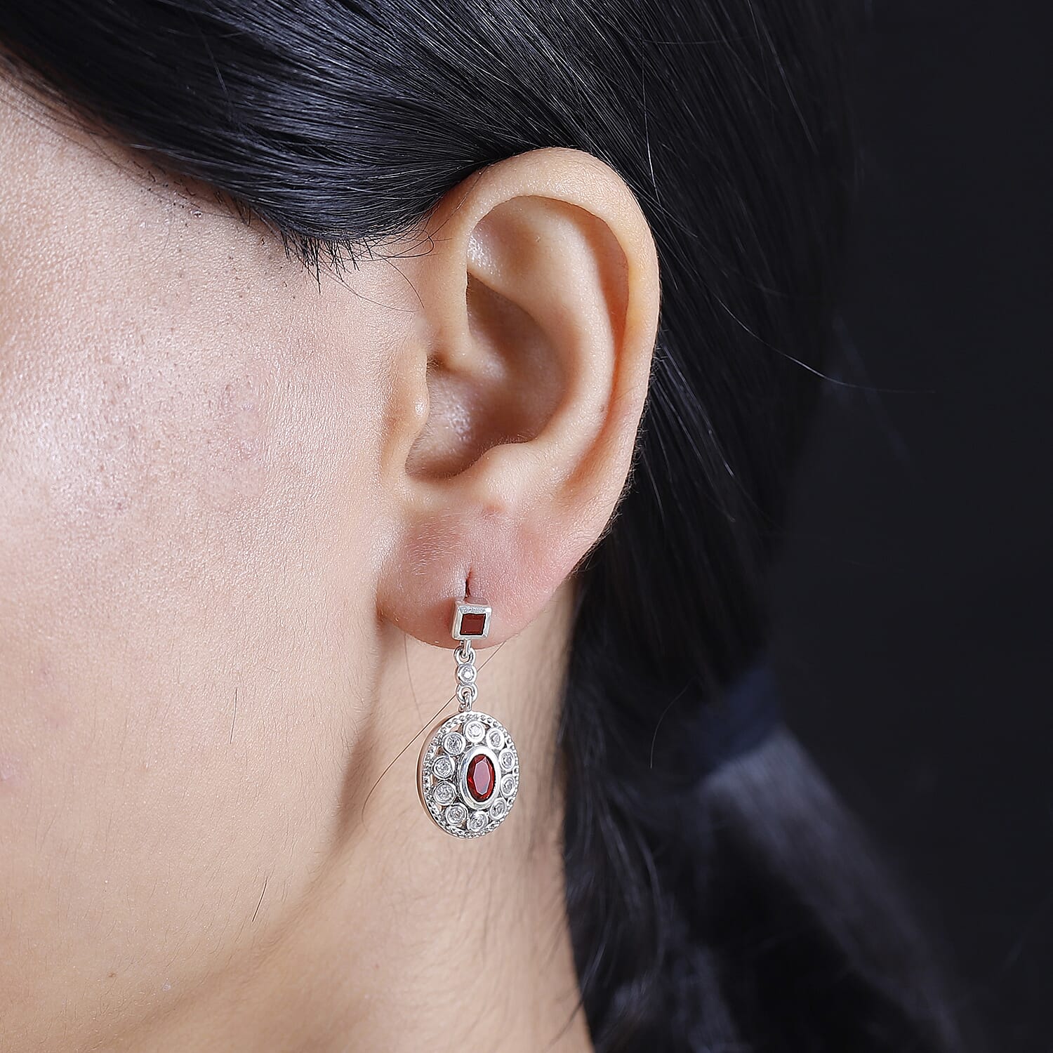 Cherry Fire Opal & White Zircon Solitaire Stud Push Post Earring in Rhodium Overlay Sterling Silver 1.22 Ct.