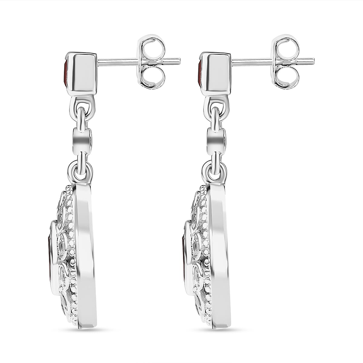Cherry Fire Opal & White Zircon Solitaire Stud Push Post Earring in Rhodium Overlay Sterling Silver 1.22 Ct.