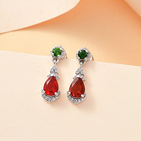 Salamanca Fire Opal, Natural Chrome Diopside & White Zircon Solitaire Stud Push Post Earring in Rhodium Overlay Sterling Silver 1.92 ct
