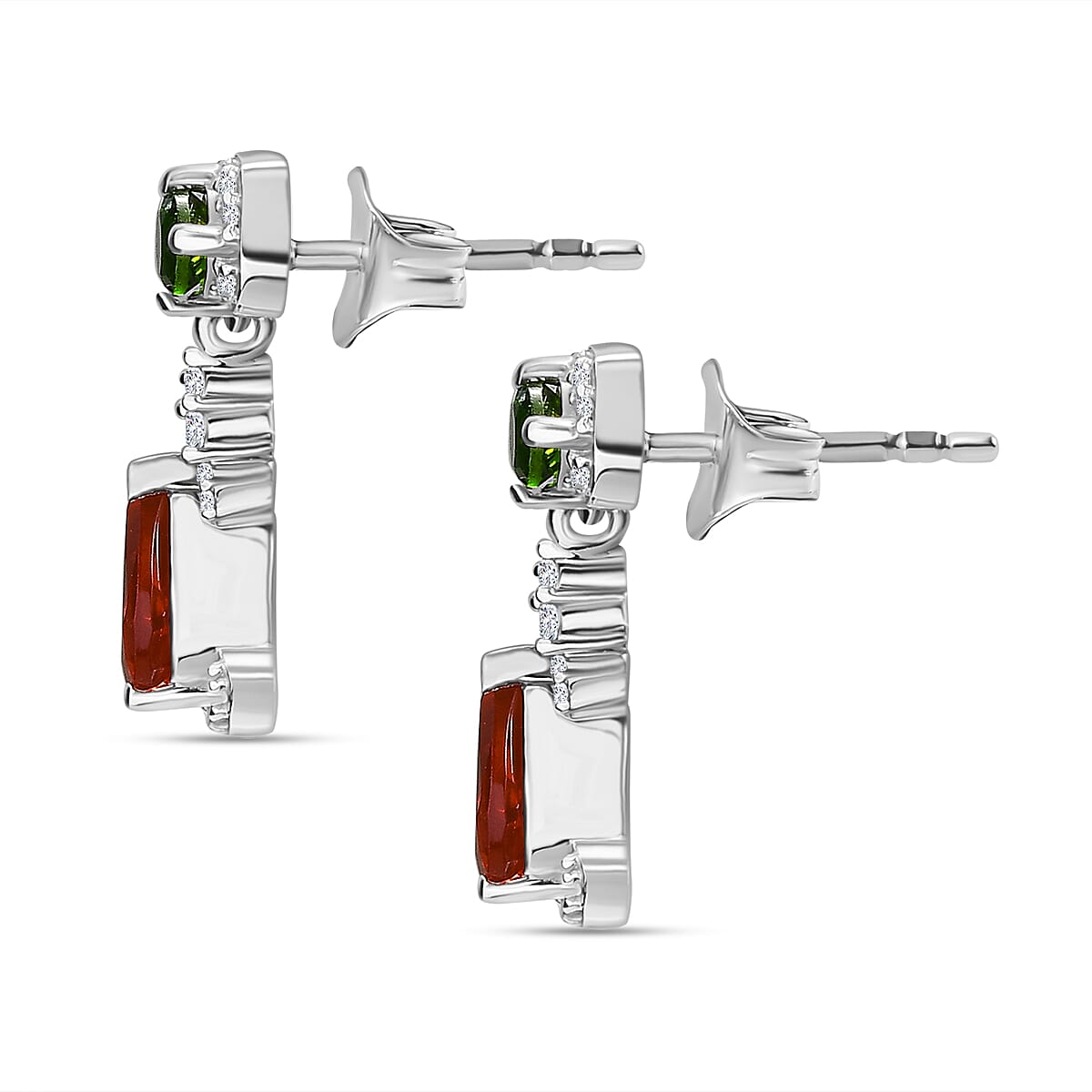 Salamanca Fire Opal, Natural Chrome Diopside & White Zircon Solitaire Stud Push Post Earring in Rhodium Overlay Sterling Silver 1.40 Ct. Salamanca Fire Opal, Natural Chrome Diopside & White Zircon Solitaire Stud Push Post Earring in Rhodium Overlay Sterling Silver 1.40 Ct.