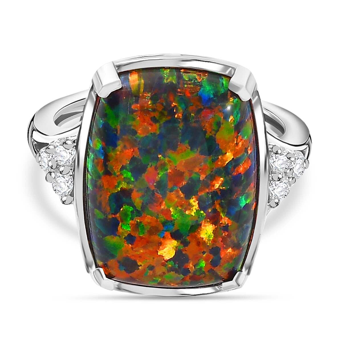 Lab Created Black Opal & White Zircon Solitaire Ring in Platinum Overlay Sterling Silver 4.355  Ct.