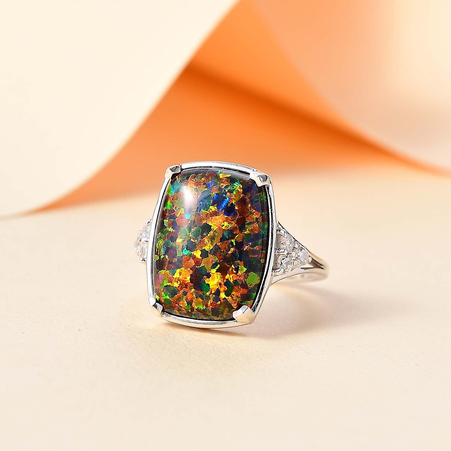 Lab Created Black Opal & White Zircon Solitaire Ring in Platinum Overlay Sterling Silver 4.355  Ct.