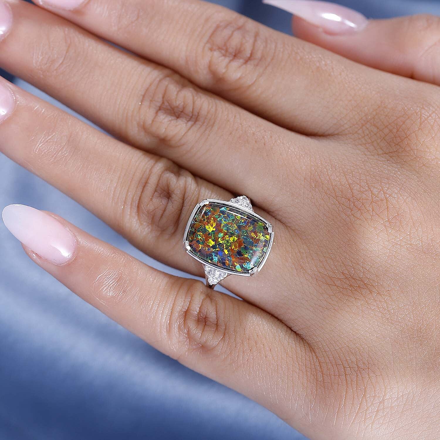 Lab Created Black Opal & White Zircon Solitaire Ring in Platinum Overlay Sterling Silver 4.355  Ct.