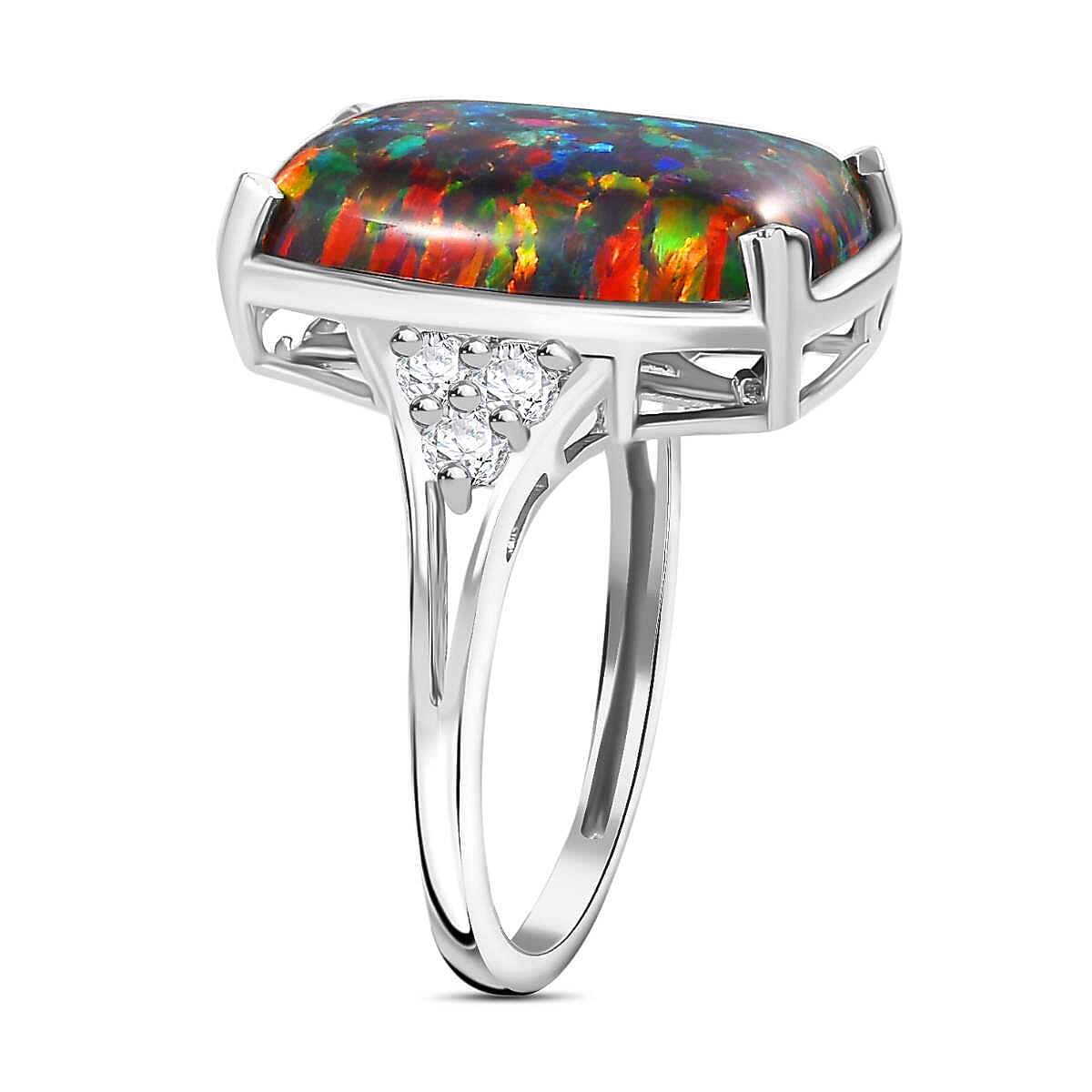 Lab Created Black Opal & White Zircon Solitaire Ring in Platinum Overlay Sterling Silver 4.355  Ct.