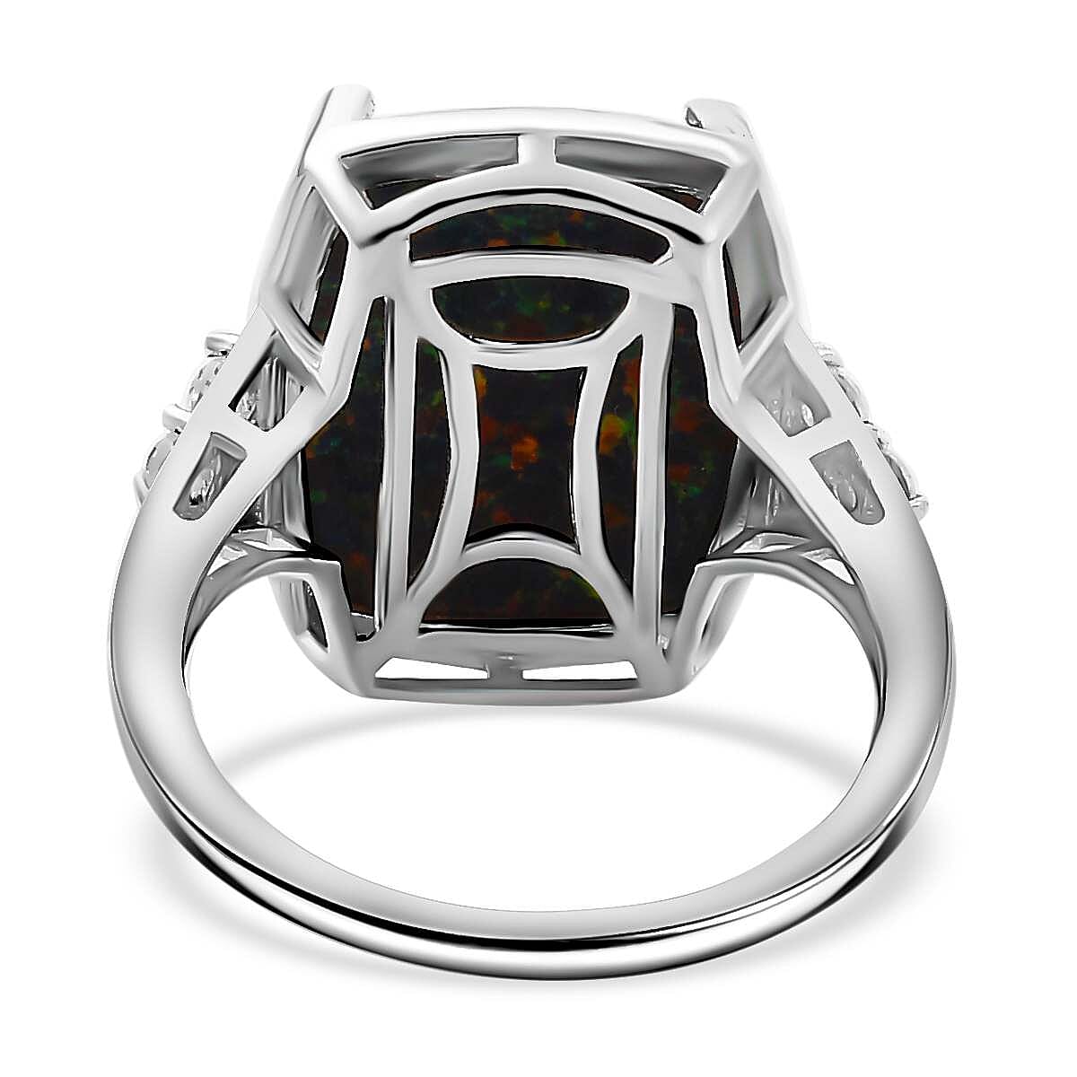 Lab Created Black Opal & White Zircon Solitaire Ring in Platinum Overlay Sterling Silver 4.355  Ct.