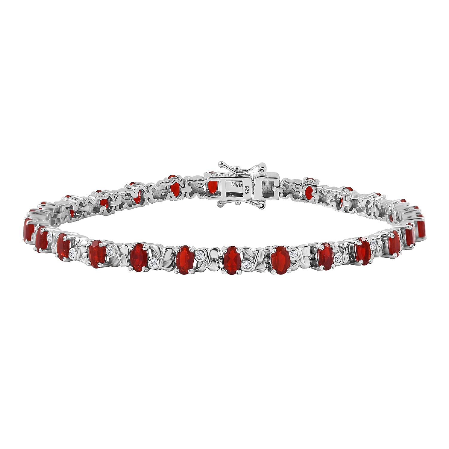 Cherry Fire Opal & White Zircon Link Bracelet With Lock Box (Size - 8) in Rhodium Sterling Silver 4.12 Ct, Silver Wt. 14.40 Gms.