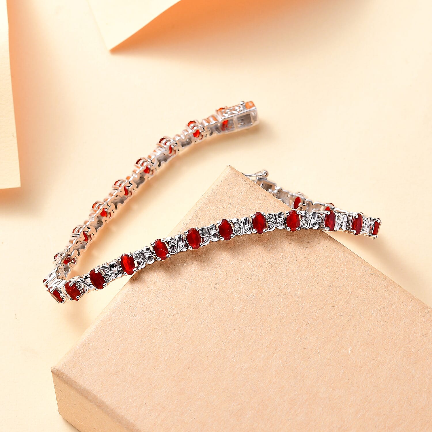 Cherry Fire Opal & White Zircon Link Bracelet With Lock Box (Size - 8) in Rhodium Sterling Silver 4.12 Ct, Silver Wt. 14.40 Gms.