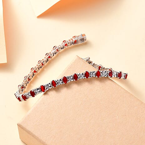 Salamanca Fire Opal & White Zircon Link Bracelet With Lock Box (Size - 7) in Rhodium Overlay Sterling Silver 3.62 Ct, Silver Wt. 12.60 Gms.