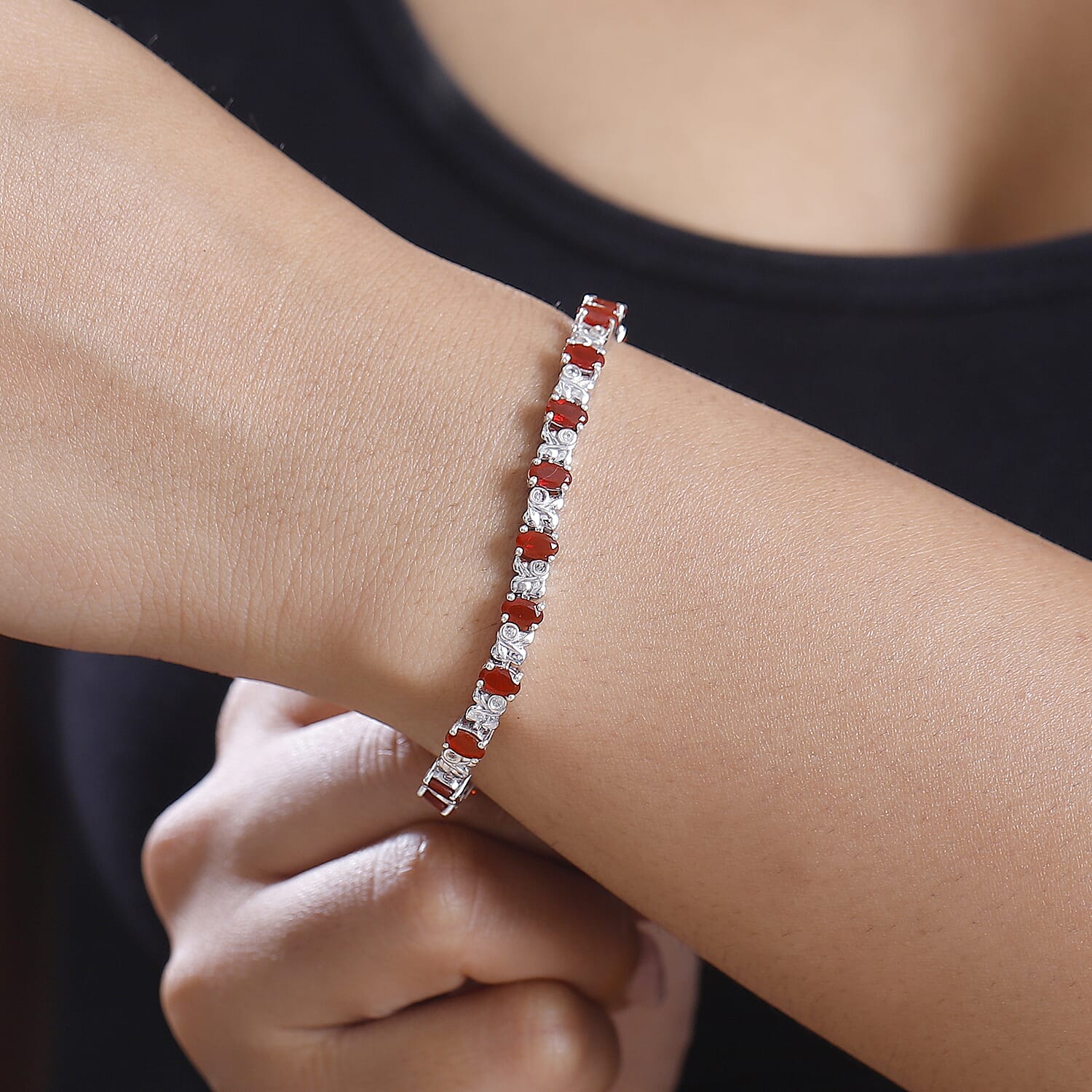 Cherry Fire Opal & White Zircon Link Bracelet With Lock Box (Size - 8) in Rhodium Sterling Silver 4.12 Ct, Silver Wt. 14.40 Gms.