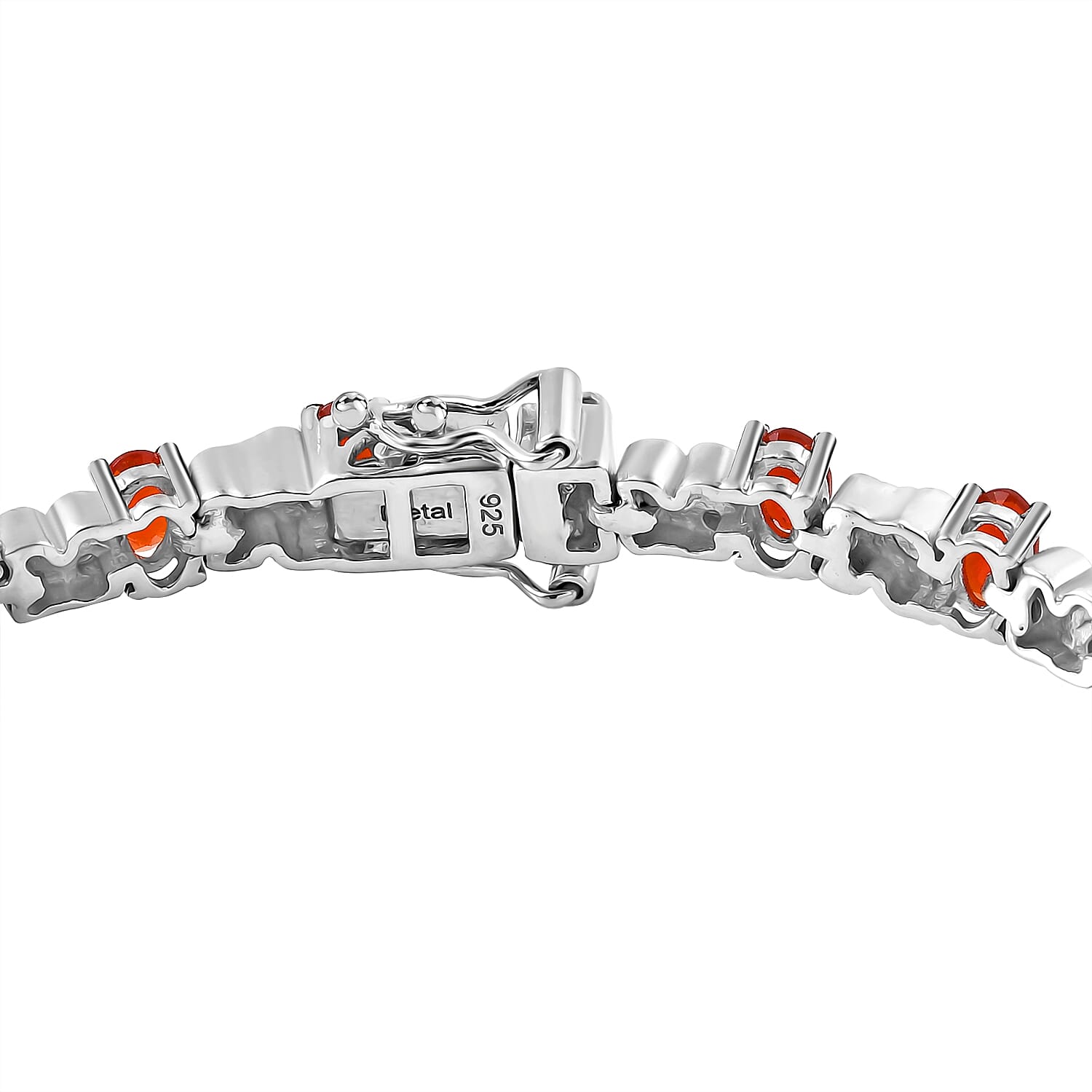 Cherry Fire Opal & White Zircon Link Bracelet With Lock Box (Size - 8) in Rhodium Sterling Silver 4.12 Ct, Silver Wt. 14.40 Gms.