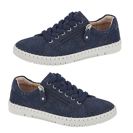 Ladies PORTO Lightweight Lace-up Suede Shoe with Zip (Size 4) - Navy