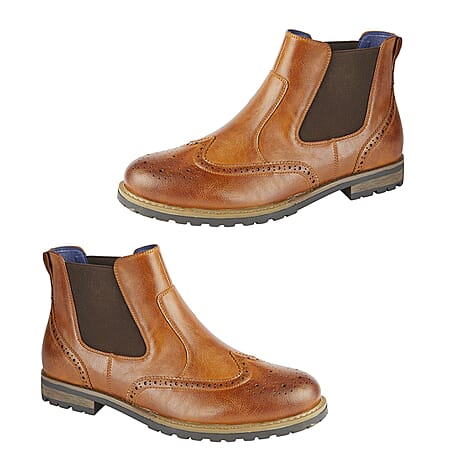 Mens BROOKLYN Chelsea Brogue Boot with Blue Lining and Padded In-Sock (Size 10) - Tan