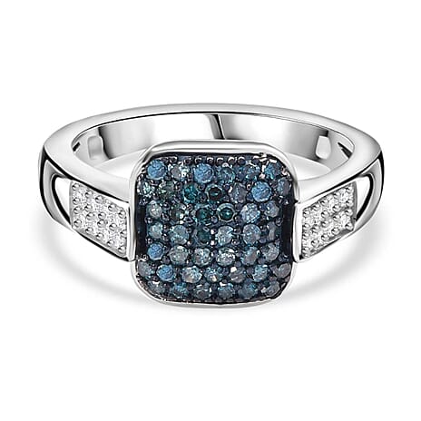 Close Out Deal-  Blue Diamond & White Diamond Ring in Rhodium Overlay Sterling Silver 0.50 ct