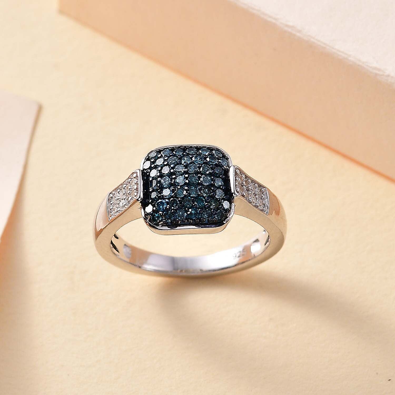 Close Out Deal-  Blue Diamond & White Diamond Ring in Rhodium Overlay Sterling Silver 0.50 ct