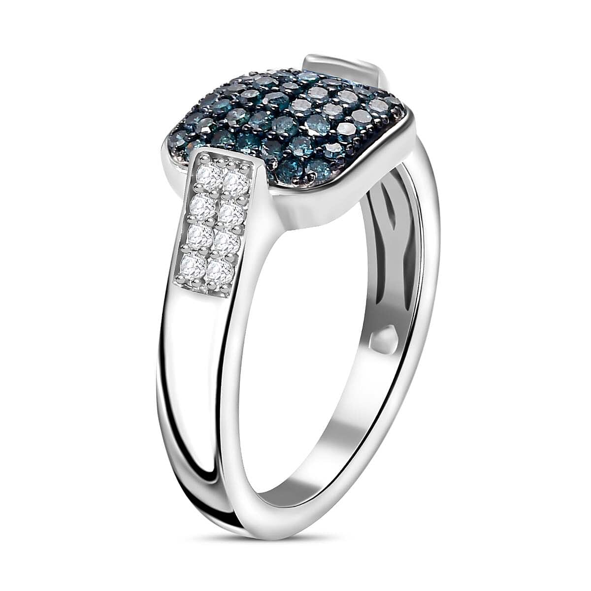 Close Out Deal-  Blue Diamond & White Diamond Ring in Rhodium Overlay Sterling Silver 0.50 ct