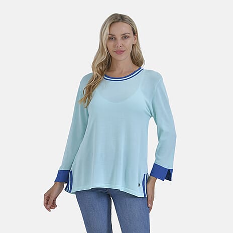 La Marey Round Neck Quarter Sleeve Jersey Top (Size L) - Blue